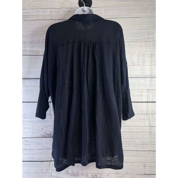 J. Jill  Love Linen Navy Linen Tunic Top  3/4 Knit Sleeve Woven Front - Picture 5 of 13